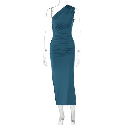 Women Fashion Sexy Solid Color Slant Shoulder Dress
