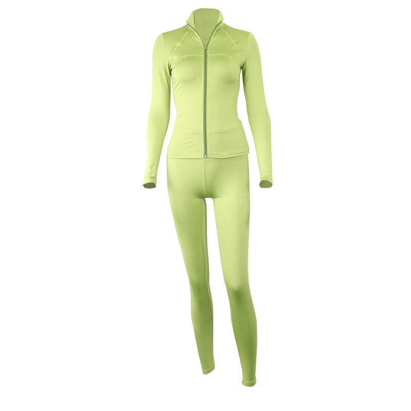 Conjunto de chaqueta informal con cuello alto y cremallera para mujer