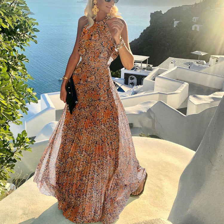 Women Fashion Casual Boho Polka Dot Printing Sleeveless Maxi Dress
