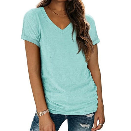 Camiseta informal de verano para mujer, color liso, cuello en V, manga corta, sin mangas