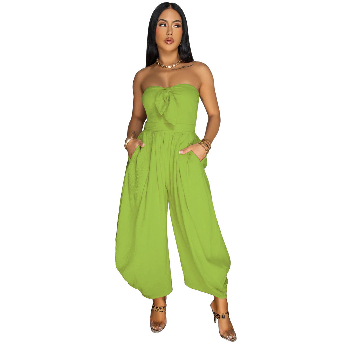 Women Summer Fashion Solid Color Strapless Jumpsuit