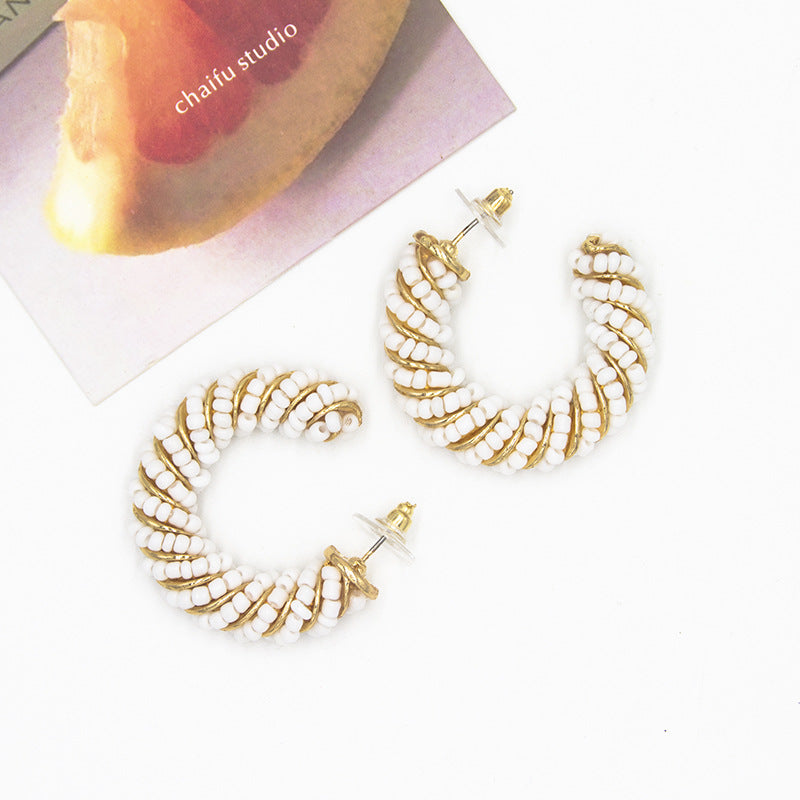 Bohemian Alloy Rice Beads C-Shaped Earrings