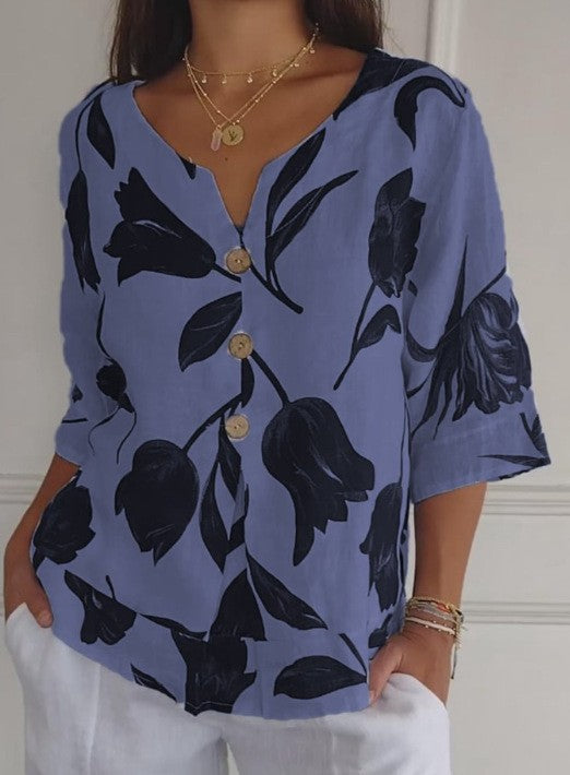 Casual Floral Printed Cotton Linen Women Blouse