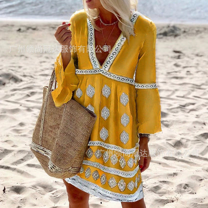 Vestido holgado bohemio elegante de manga larga con cuello en V para mujer