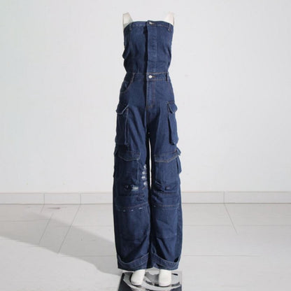 Fashion Street Women Strapless Multi-Pocket Denim Jumpsuit