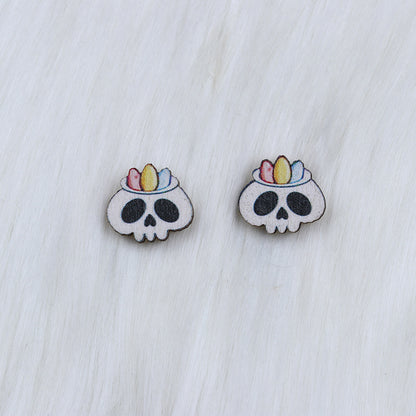 Halloween Women Fashion Wood Print Skull Earrings