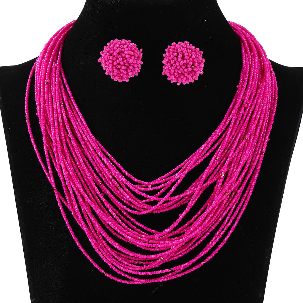 Conjunto de collar y pendientes con cuentas de arroz multicapa estilo bohemio para mujer