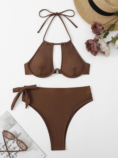 Traje de baño bikini sexy de color sólido con cuello halter para mujer