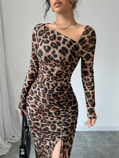 Vestido maxi ajustado de manga larga con estampado de leopardo sexy para mujer