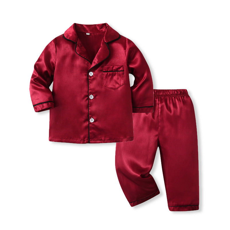 Kids Toddler Boys Solid Color Satin Long Sleeve Pajamas Set