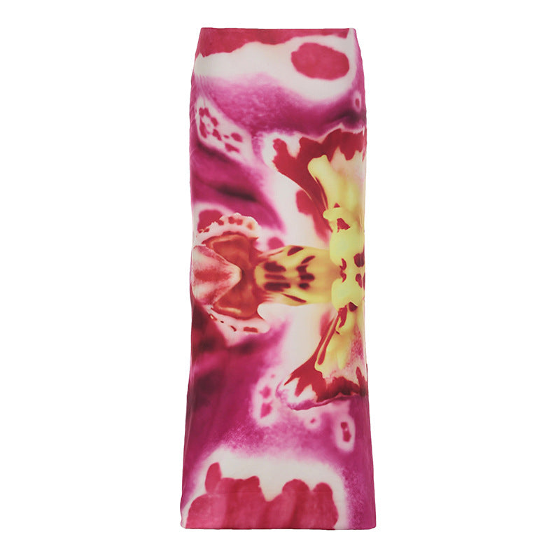 Floral Print Color Contrast Long Skirt