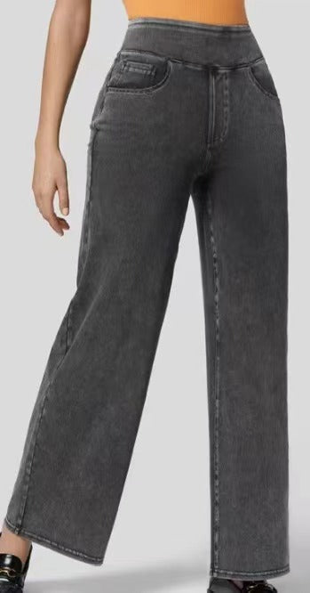 Women Fashion Casual Solid Color High Waist Wide Leg Jeans