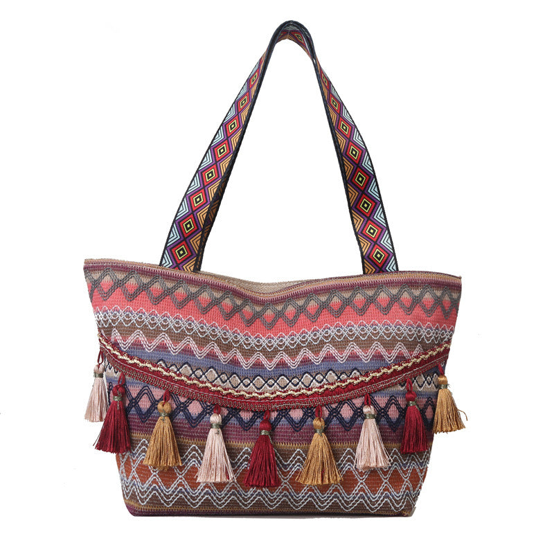 Bolso de mano de gran capacidad con borlas étnicas bohemias