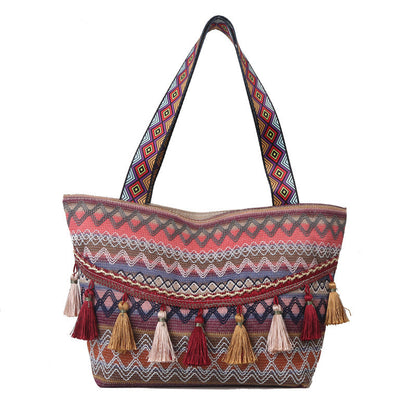 Bolso de mano de gran capacidad con borlas étnicas bohemias