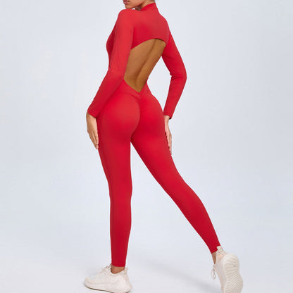 Women Fashion Solid Color Zipper Long-Sleeve Yoga Jumpsuit