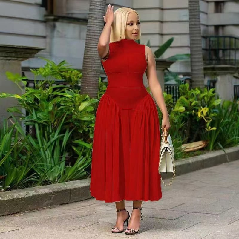 Women Fashion Elegant Solid Color Pleated Dress