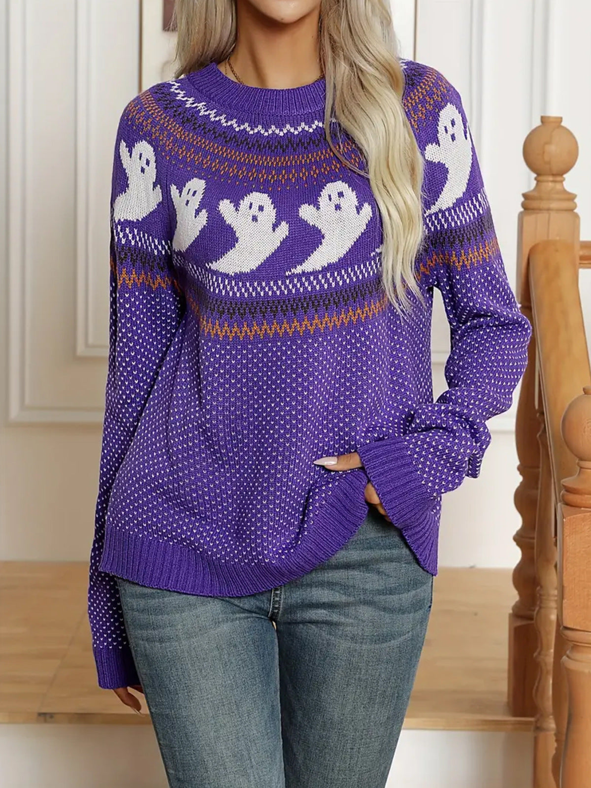 Pull tricoté fantôme de dessin animé pour femme, automne-hiver