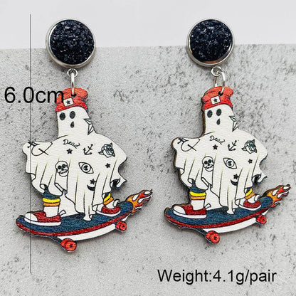 Halloween Women Fashion Retro Ghost Pulley Wooden Earrings