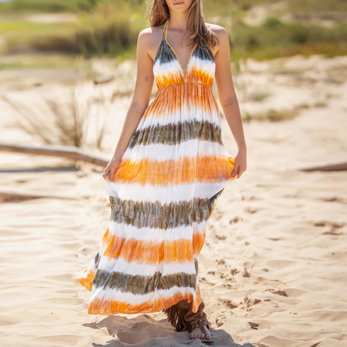 Vestido largo bohemio informal con espalda halter y estampado tie-dye para mujer