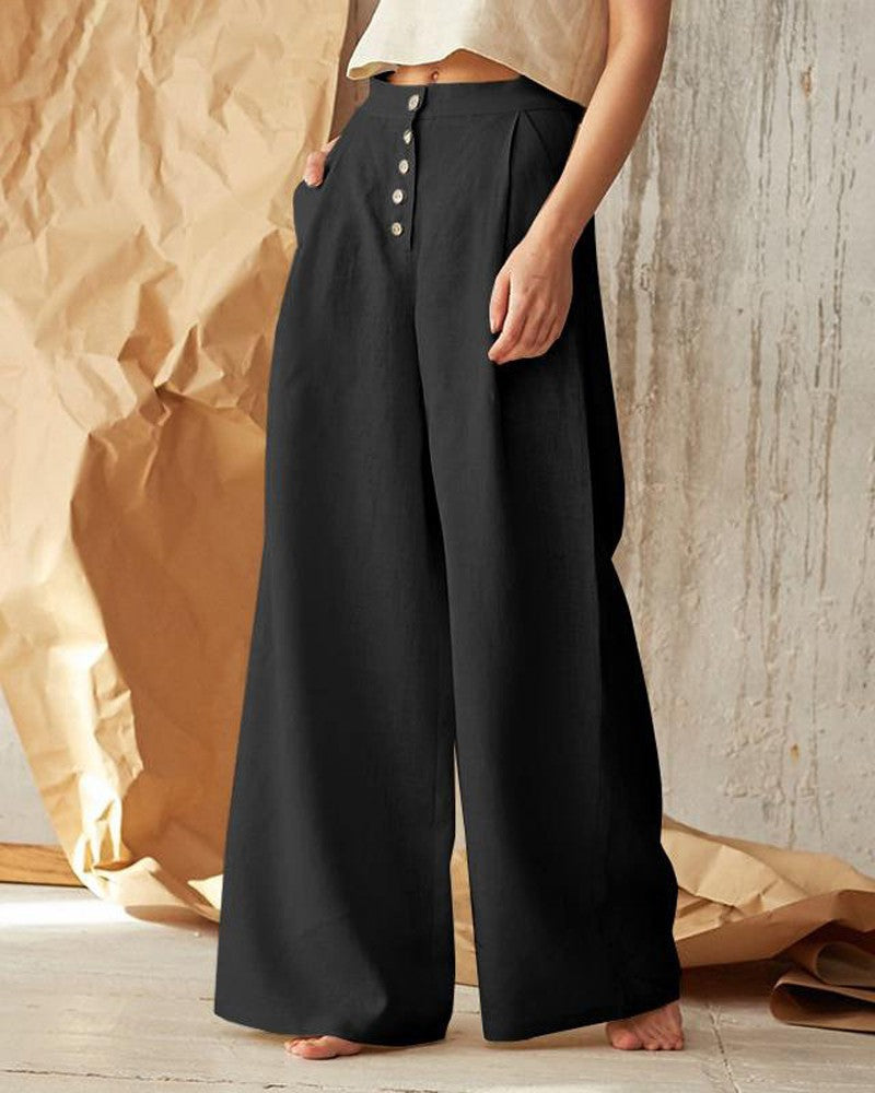 Pantalon décontracté en coton et lin de couleur unie pour femme