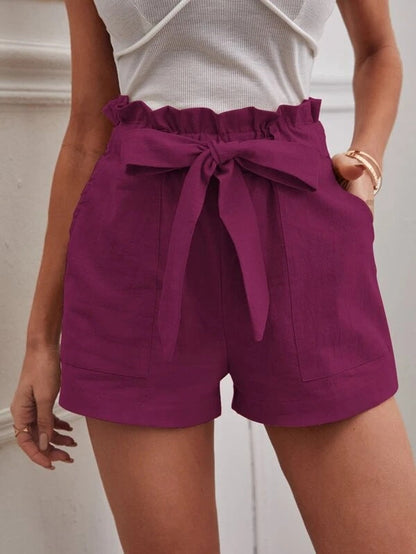 Women Casual Linen Solid Color Loose Pocket Shorts
