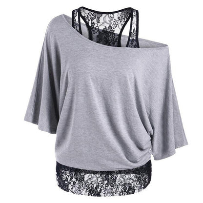 Plus Size Lace Splicing Slanted Shoulder T-Shirt