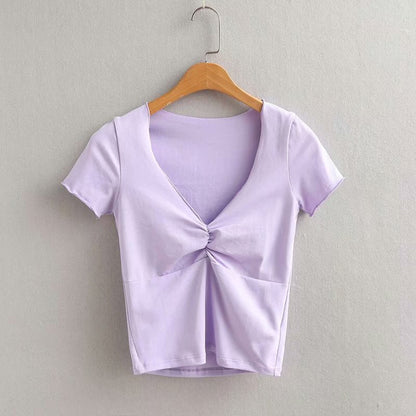 Summer Women Fashion Sexy V-Neck Solid Color Blank T-Shirt
