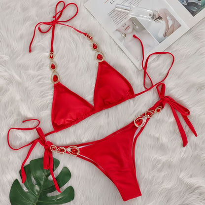Women Sexy Rhinestone Lace Bikini Set