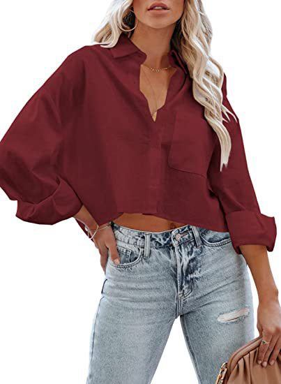 Blusa corta informal de algodón de manga larga de color liso para mujer