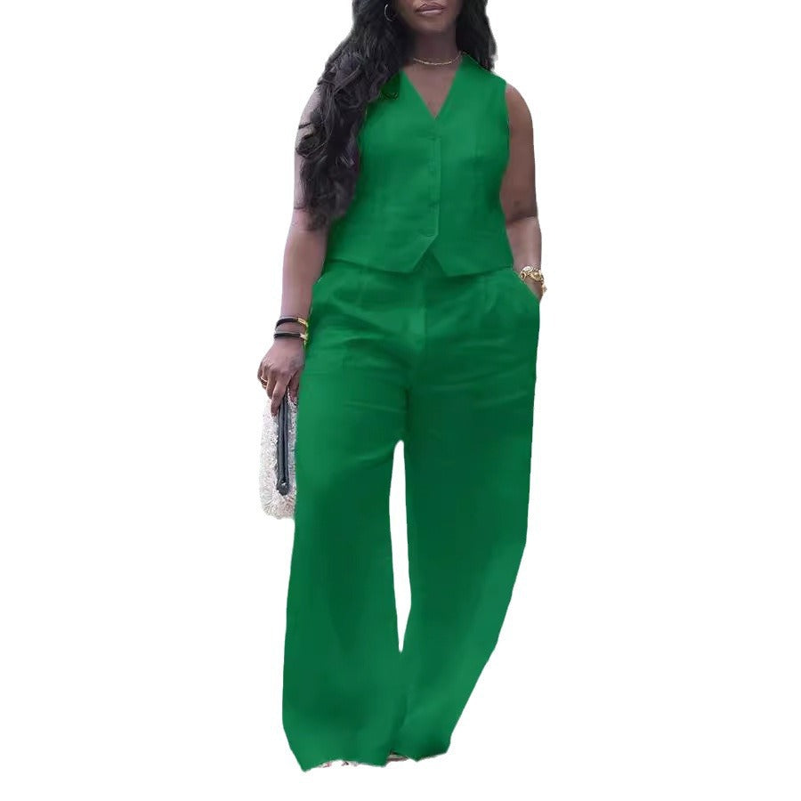 Ensemble débardeur et pantalon décontractés à col en V pour femmes, couleur unie