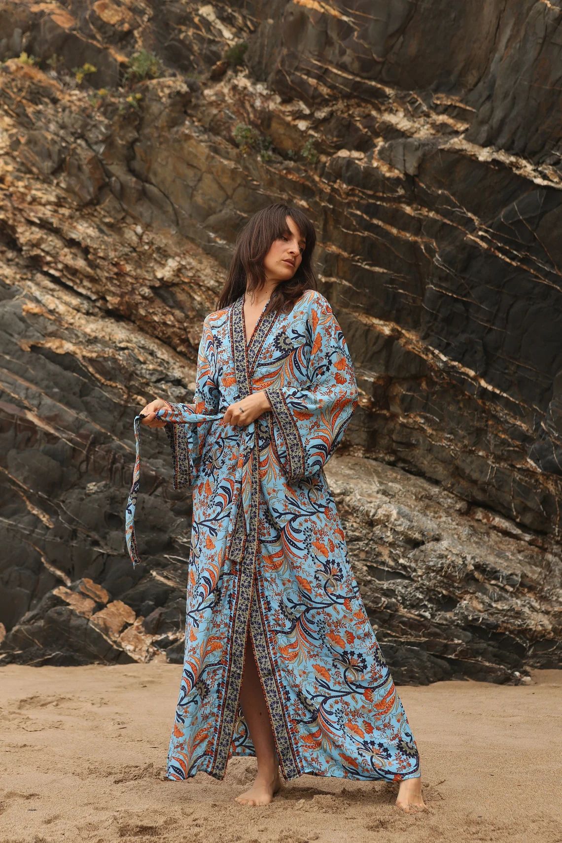 Chemisier de plage kimono en coton à imprimé floral pour femme