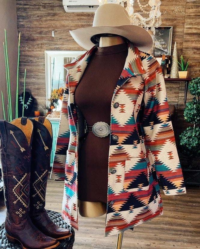 Manteau décontracté à manches longues et revers imprimé western pour femme