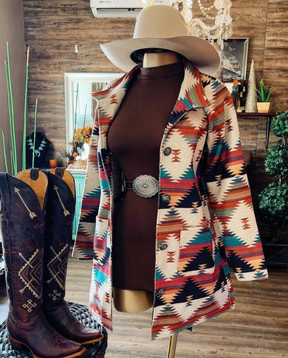 Manteau décontracté à manches longues et revers imprimé western pour femme