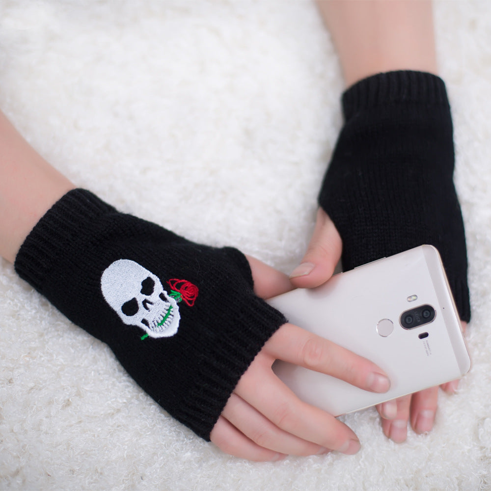 Halloween Autumn Winter Wool Embroidered Skull Gloves