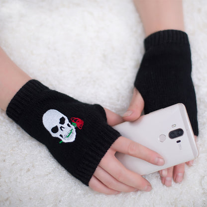 Halloween Autumn Winter Wool Embroidered Skull Gloves