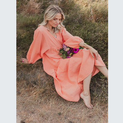 Vestido largo bohemio informal de color liso y manga larga para mujer