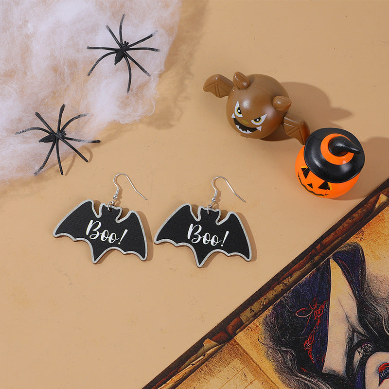 Halloween Women Cartoon Funny Wood Earrings with Spider Bat Ghost Pumpkin