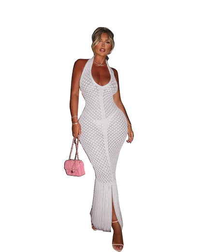 Women Fashion Sexy Solid Color Halter-Neck Dress