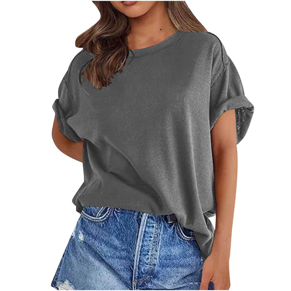Camiseta holgada de manga corta con cuello redondo y color liso para mujer