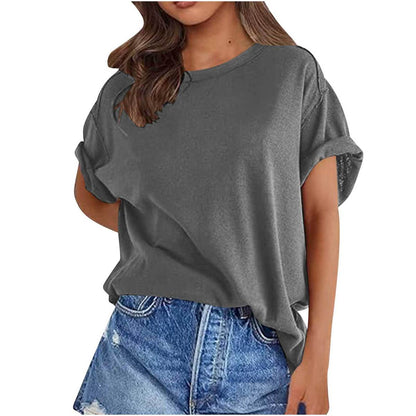 Camiseta holgada de manga corta con cuello redondo y color liso para mujer