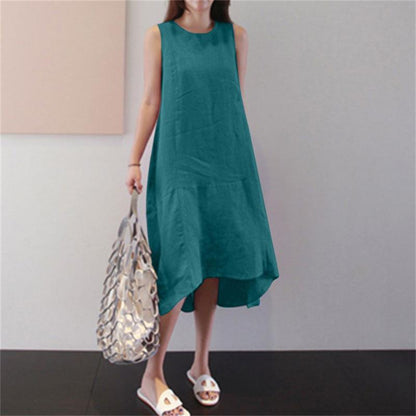 Robe décontractée sans manches en coton et lin de couleur unie pour femme