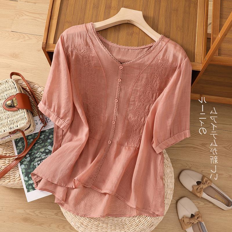 Top de manga corta con bordado de lino retro para mujer