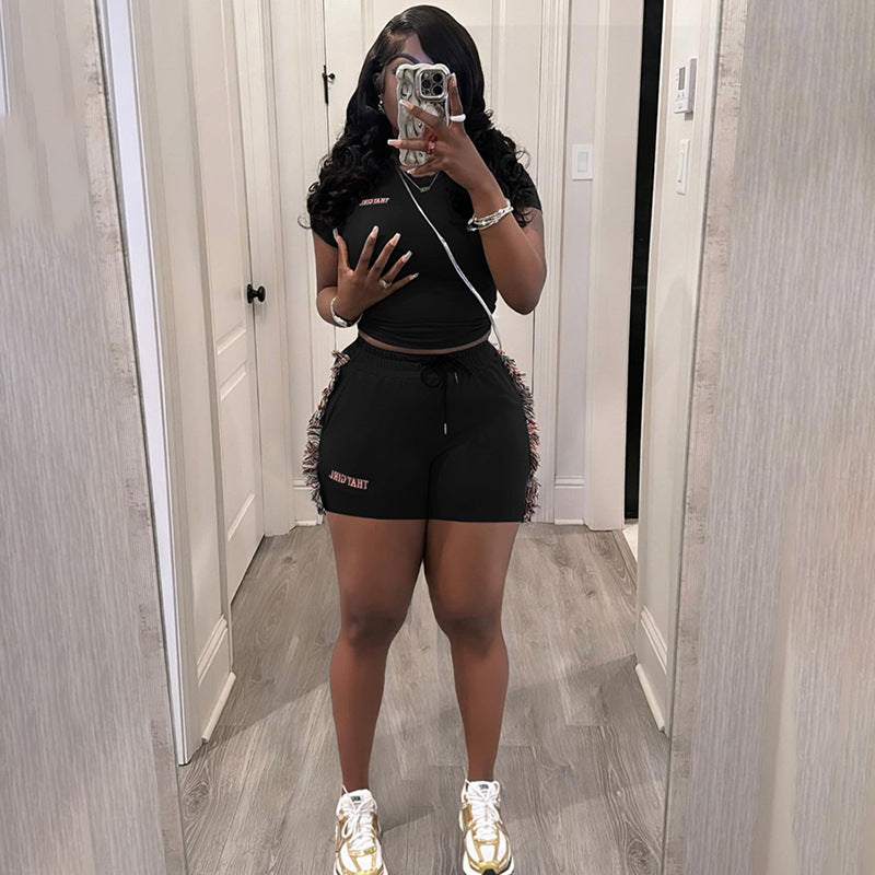 Women Fashion Side Tassel Embroidered Shorts Two-Piece Set