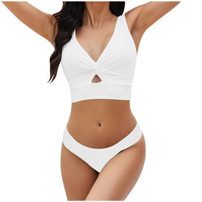 Summer Women Fashion Solid Color Deep V Swimsuit Set