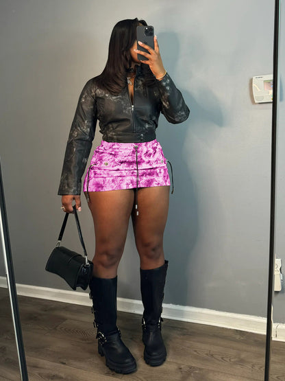 Women Fashion Sexy Printed Pleated Drawstring Pocket Skirt