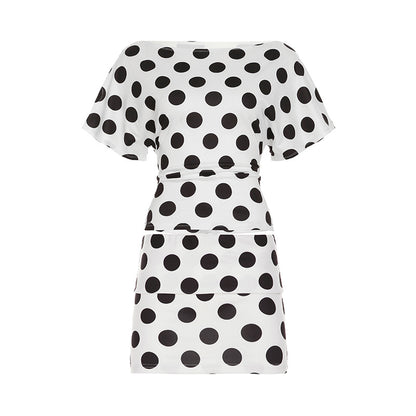 Women Fashion Sexy Wave Dot Printed Short Sleeve T-Shirt and Skirt Set