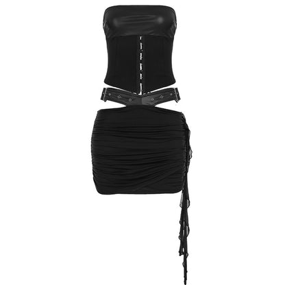 Conjunto de cuero PU de color sólido sexy a la moda para mujer