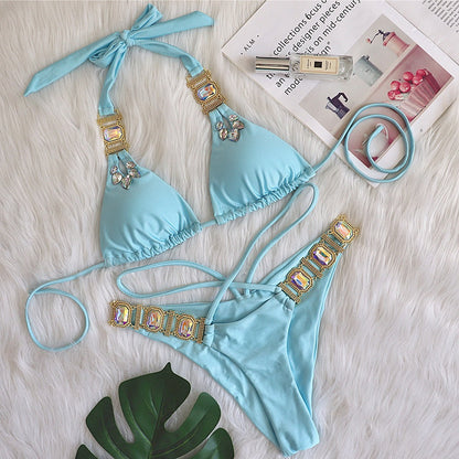 Bikini sexy con cadena de diamantes de imitación para mujer