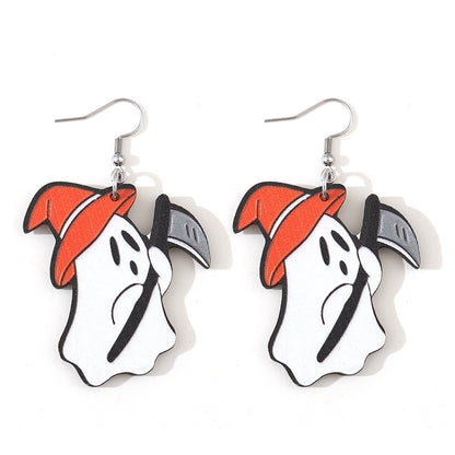 Halloween Women Double-Sided Wooden Earrings with Cartoon Creatures