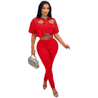 Women Fashion Creative Solid Color Round Neck T-Shirt Set